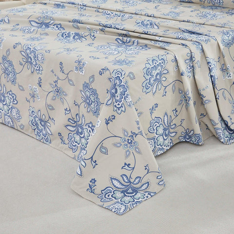 4pcs 600 TC 100% Egyptian Cotton Fitted Sheet Set (Without Core), Blue Floral in Boho Damask Paisley, Soft & Skin-friendly