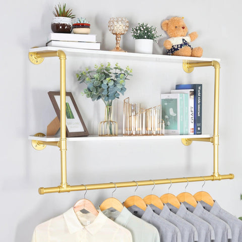 Industrial Pipe Clothing Rack Wall Mounted Wood Shelf,Pipe Shelving Floating Shelves,Retail Garment Rack Display Rack Clothes