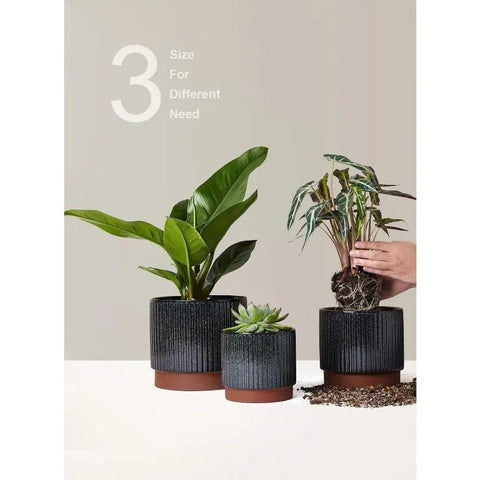 Ceramic Plant Pots with Drainage Holes, Set of 3, 8+6.5+5.5 Inch Stripe Garden Planter Pots for Outdoor Indoor Plants Flower