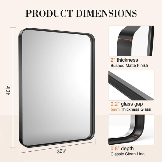 Matte Metal Framed Bathroom Mirror for Wall,Vanity Rectangle Rounded Corner Tempered Glass Mirror,Clear Reflection,Modern