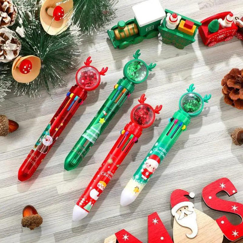 10-1PC Christmas Ballpoint Pen 10 In 1 Retractable Multicolor Xmas Santa Snowman Writing Pens for Christmas School Party Favors