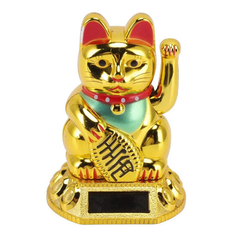 Chinese Lucky Cat Decoration Waving Arm Solar Light Induction Statue Figurine For Home Car Ornaments Golden