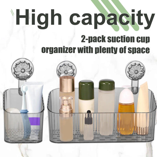 2Pcs Bathroom Organizer With Suckers Wall-mounted No Drill Shower Makeup Shelf Clear Self-Drainage Kitchen Bath Storage Rack