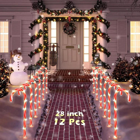 28" Christmas Candy Cane Pathway Markers, Set of 12 Pack Christmas Outdoor Decorations Pathway Lights with 72 Warm Lights