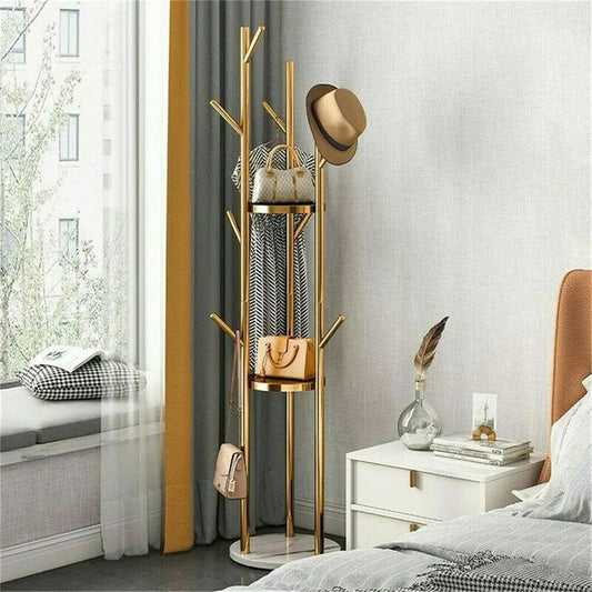 Marble Metal Coat Rack Freestanding with 3 Storage Shelves and 9 Hooks, Enterway Hall Tree for Hanging Coats, Jackets, Hats, Bag