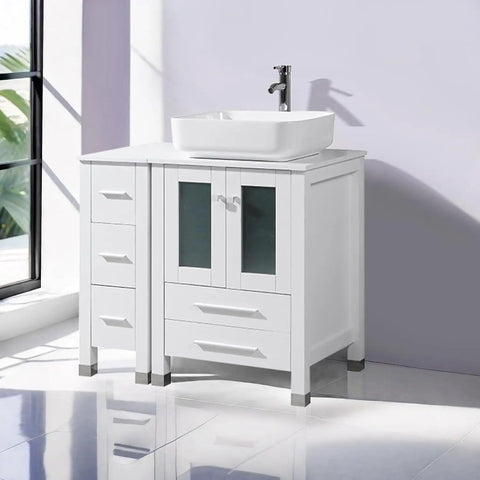 36” Bathroom Vanity Sink Combo with Free Standing Small Side Cabinet, Ceramic Vessel Sink&Water Save Faucet & Pop Up Drain&Mirro