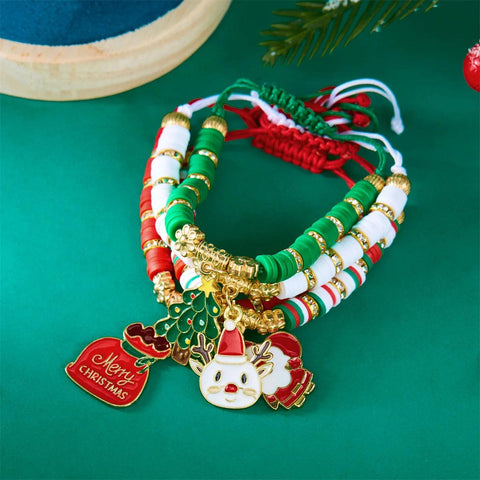 4Pc/Set Merry Christmas Tree Santa Claus Bracelet For Women Xmas Deer Crystal Polymer Clay Beads Woven Bracelet New Year Jewelry