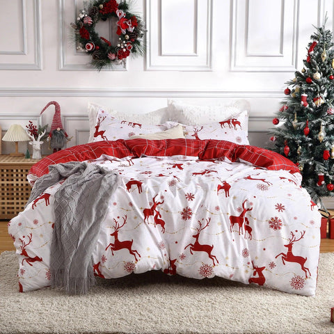 Christmas Duvet Cover Reversible Printed Comforter Cover Set Christmas Holiday Decorative Bedding Soft Microfiber Red Duvet 2Pil