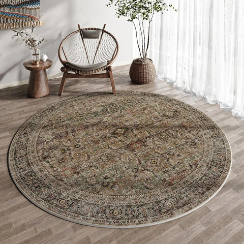 8x8 Washable Round Rug Brown Vintage Distressed Entryway Kitchen Non Slip Area Rug Living Room Bedroom Indoor Doormat Soft