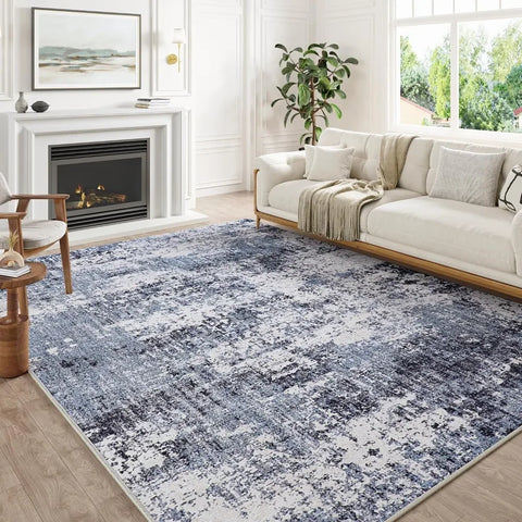 Modern Abstract Blue Rug 8x10 Machine Washable Area Rug Kitchen Indoor Accent Rug Low Pile Carpet