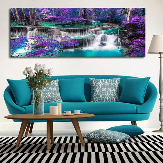 Framless Landscape HD Spray Painting Oil Painting Natural Waterfall Canvas Painting Purple Trees Forest Posters Prints Wall Arts