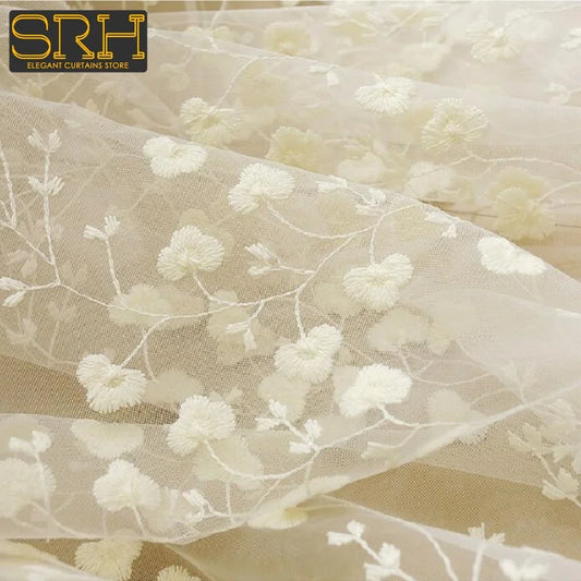 French Beige Lace Flower Embroidery Sheer Tulle Curtains for Living Room Bedroom Kitchen Window Drapes Voile Cheap Yarn Cortinas