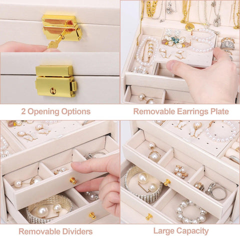 Jewelry Box 3 Layers, Jewelry Organizer with 2 Drawers, Portable Jewelry Case with Handle, Lockable Jewelry Storage