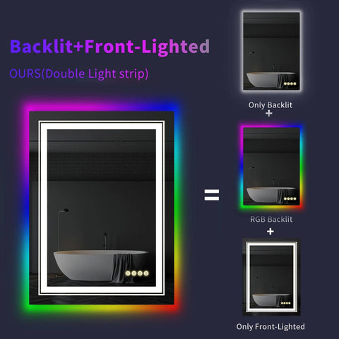 LUVODI Rectangle RGB LED Bath Mirror Wall Mounted Waterproof Demist Vanity Makeup Mirror with Multicolor Lights