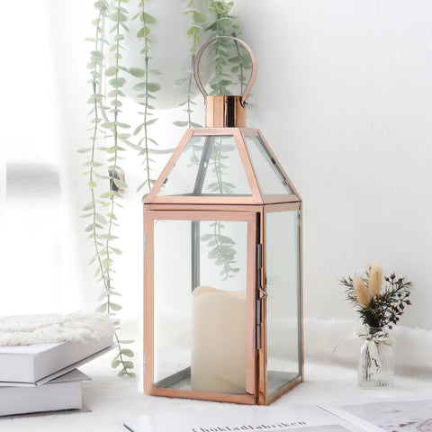 Rose Gold Stainless Steel Candle Holder Decorative Lanterns  with Tempered Glass Table Candle Stick Wedding Party Home Decor