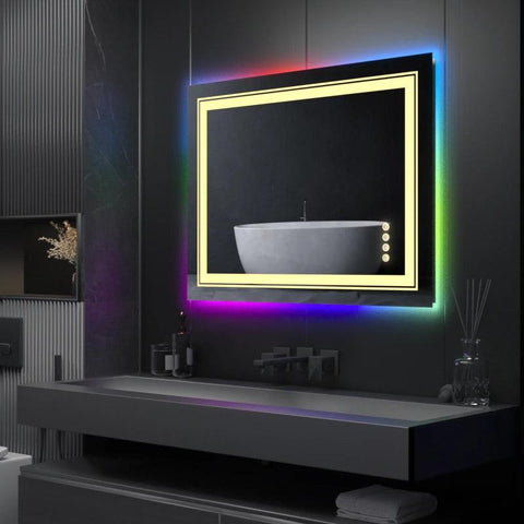 LUVODI Rectangle RGB LED Bath Mirror Wall Mounted Waterproof Demist Vanity Makeup Mirror with Multicolor Lights