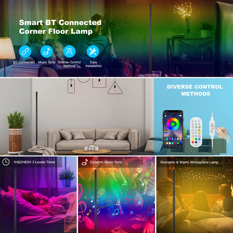 RGB Standing Light DC5V BT Connected 72 LEDs Corner Floor Lamp with Controller Supported Phones App Control/ Music Sync