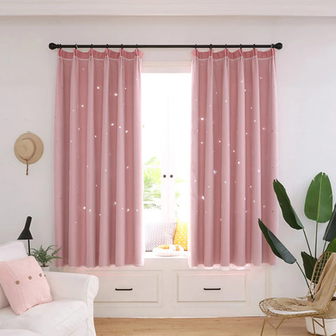 Bright Double Layer Blackout Star Hollow Curtains with Lace Tulle Fabric for Home Living Room Bedroom Window Decor