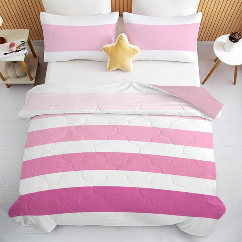 3 Piece Pink and White Stripes Design Comforter Set Comfortable Quilt Set Suitable for All Seasons Home Decor