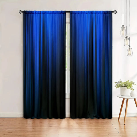 2pcs Blue/black Gradient Stripe Design Printed Curtain for Home Decor - Rod Pocket Window Treatment for Bedroom, Office, Kitchen