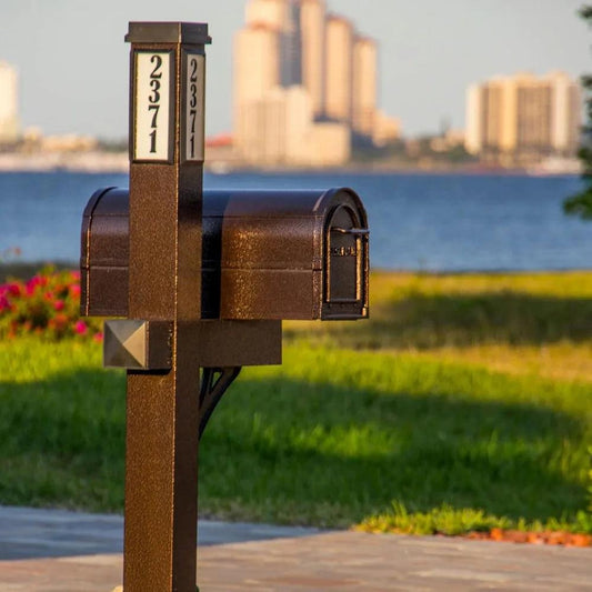 BL-9765 Solar Powered Illuminated Single Post Durable 2 Door Powder Coated Mailbox with Address Panel and Pole, Hammered Bronze