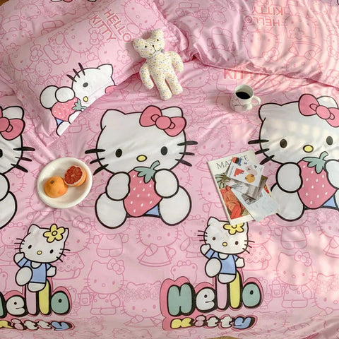 Cute Double Cotton Bedding Set with Four-Piece Linens, Pillowcase, Textile for Girl's Dormitory Bedclothes