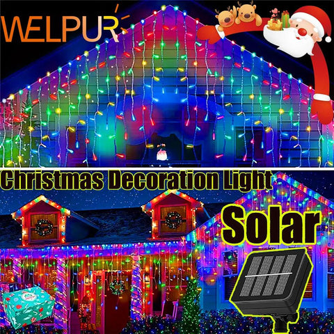 NEW 2024 Christmas Decorations Lights Solar Icicle Curtain Lights 8 Modes Outdoor Waterproof Garden Party New Year Decoration