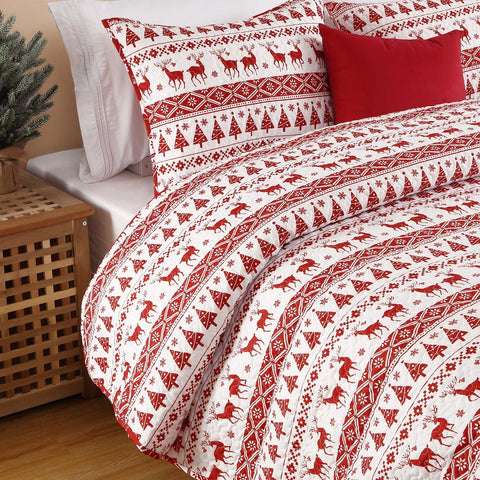 Christmas Quilt Set Queen/King Size Boho Bedspread Coverlet Sets with Christmas Tree Reindeer Snowflakes Reversible Pattern for