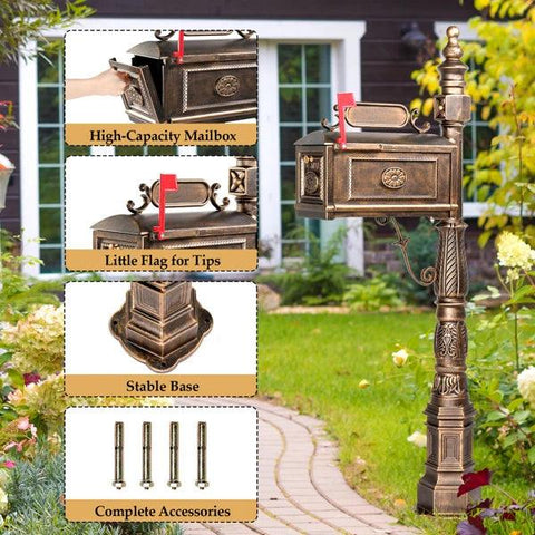 Decorative Large Mailbox with Post, Heavy Duty Cast Aluminum Postal Mail Box with Address Plaque, Antique Bronze