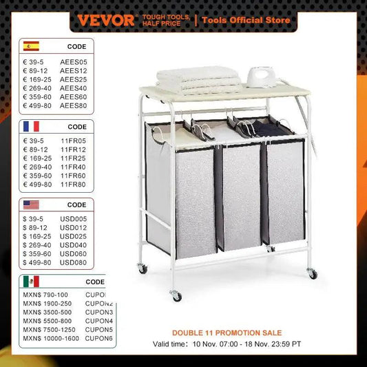 VEVOR 3/4-Section Laundry Sorter Cart W/ Ironing Board Laundry Hamper Rolling Laundry Basket Sorter for Clothes Cleaning Storage