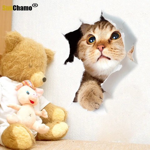 Sunchamo Cute Cat 3D Cracked Toilet Sticker Wall Stickers Fridge Car Seat  DIY Living Bath Room Home Decor Wallstickers Bedroom