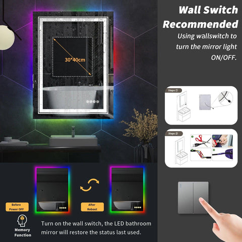 LUVODI Rectangle RGB LED Bath Mirror Wall Mounted Waterproof Demist Vanity Makeup Mirror with Multicolor Lights