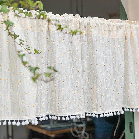 Korean Cotton Daisy Curtains Road Pocket Shade Curtain Floral Tassel for Kitchen Bedroom Living Room Bay Window Cabinet Curtain