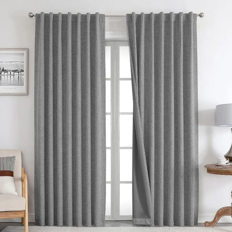 Blackout Linen Curtains Long 100% Blackout Drapes 95 inch Length 2 Panels Set