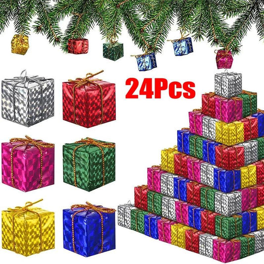 24/12Pcs Laser Mini Gift Boxes Christmas Tree Ornament Assorted Color Foil Candy Box Hanging Pendant Xmas Home Party Decorations