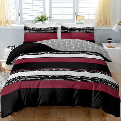 3pc Red Black and White Stripe Design Bedding Set Quilt Cover with Zipper Closure 1 Duvet Cover and 2 Pillowcases