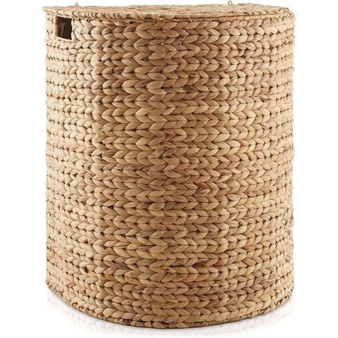 Half Moon Laundry Hamper with Lid and Removable Liner Bag - Natural, Woven Water Hyacinth Laundry Basket for Clothes