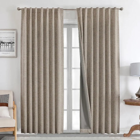 Blackout Linen Curtains Long 100% Blackout Drapes 95 inch Length 2 Panels Set