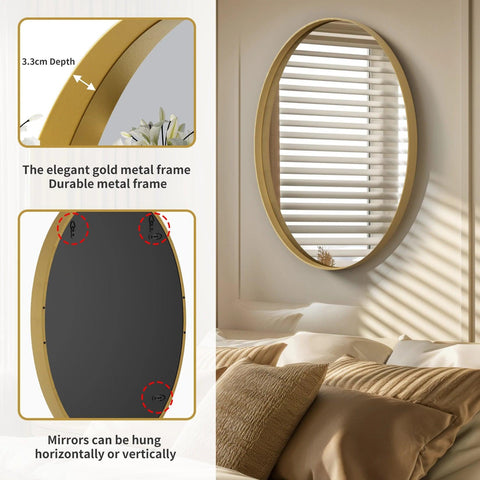 Oval Wall Mounted Mirror Gold Aluminum Framed Vanity Accent Mirror for Entryway Living Room Vertically or Horizontally