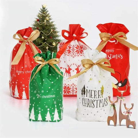 10Pcs Drawstring Christmas Gifts Bag Santa Claus New Year 2024 Large Candy Bag Cookie Packaging Bag Navidad Xmas Home Decoration