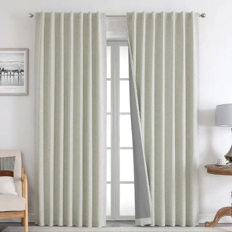 Blackout Linen Curtains Long 100% Blackout Drapes 95 inch Length 2 Panels Set