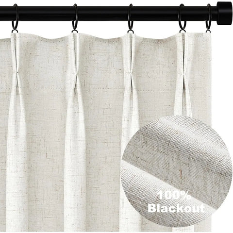 Pleated Curtains 96 Inch Long, 100% Blackout Thermal Insulated Natural Linen Pinch Pleat Viral Drapes with Hooks Rings 2 Panel