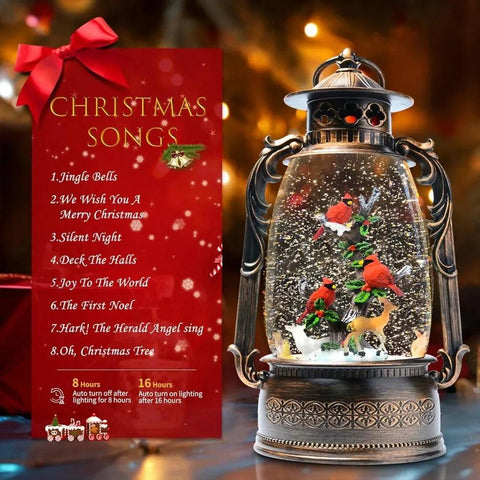 13.4" Christmas Snow Globe Lantern with Swirling Glitter Christmas Decorations Indoor, Cardinals & Rotating Tiny Animal Lighted