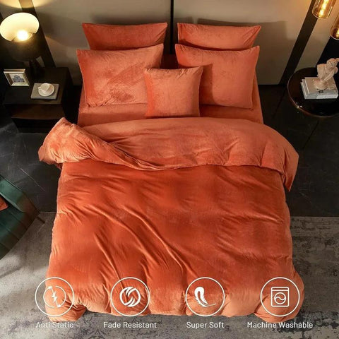 Velvet Burnt Orange Duvet Cover Queen Size, Soft Flannel Duvet Cover with Zipper Solid Breathable Silky Velour Comforter