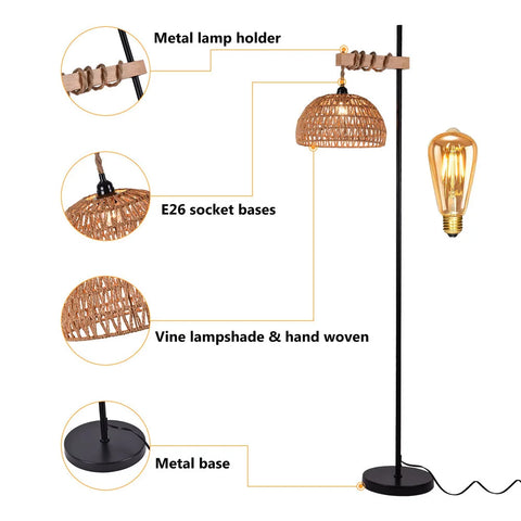 Bymaocar Smart Floor Lamp Standing Light Remote & APP Control with Rattan Lampshade and Stepless Dimmer for Living Room Office