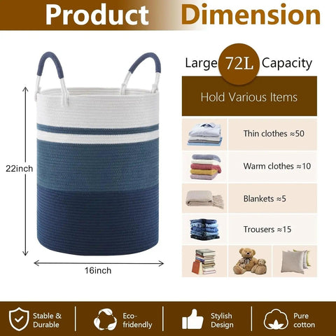 Laundry Hamper, Extra Large Cotton Rope Blanket Basket, Woven Laundry Basket with Handles