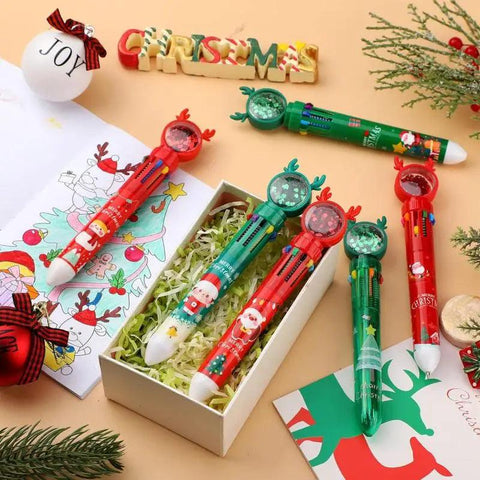 10-1PC Christmas Ballpoint Pen 10 In 1 Retractable Multicolor Xmas Santa Snowman Writing Pens for Christmas School Party Favors