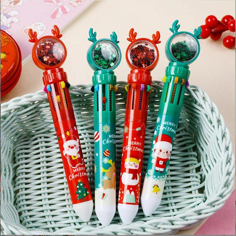 10-1PC Christmas Ballpoint Pen 10 In 1 Retractable Multicolor Xmas Santa Snowman Writing Pens for Christmas School Party Favors