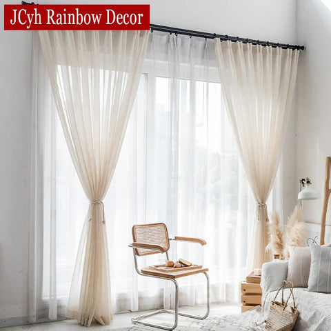 Linen Look Beige Sheer Curtains for Living Room Tulle Luxury Curtain In The Bedroom Window Japanese Short Kitchen Door Drapes