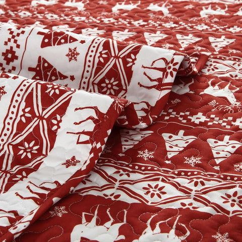 Christmas Quilt Set Queen/King Size Boho Bedspread Coverlet Sets with Christmas Tree Reindeer Snowflakes Reversible Pattern for